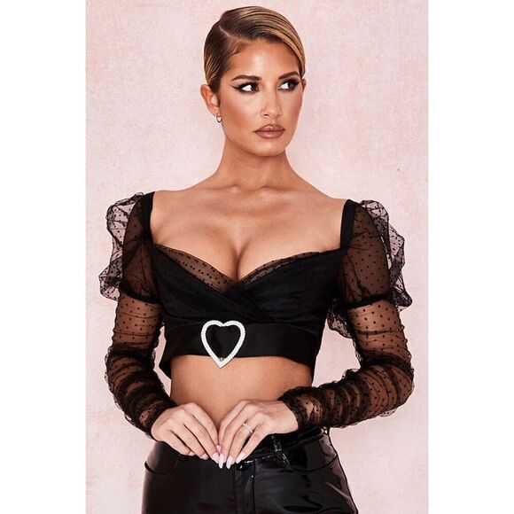House of CB Clara Long Sleeve Dotted Gathered Mesh Puff Sleeve Heart Buckle Top - Picture 1 of 14